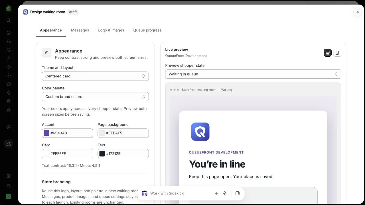 QueueFront Appearance editor showing a custom palette, text contrast guidance, reusable store branding, and a preview with a selected logo.