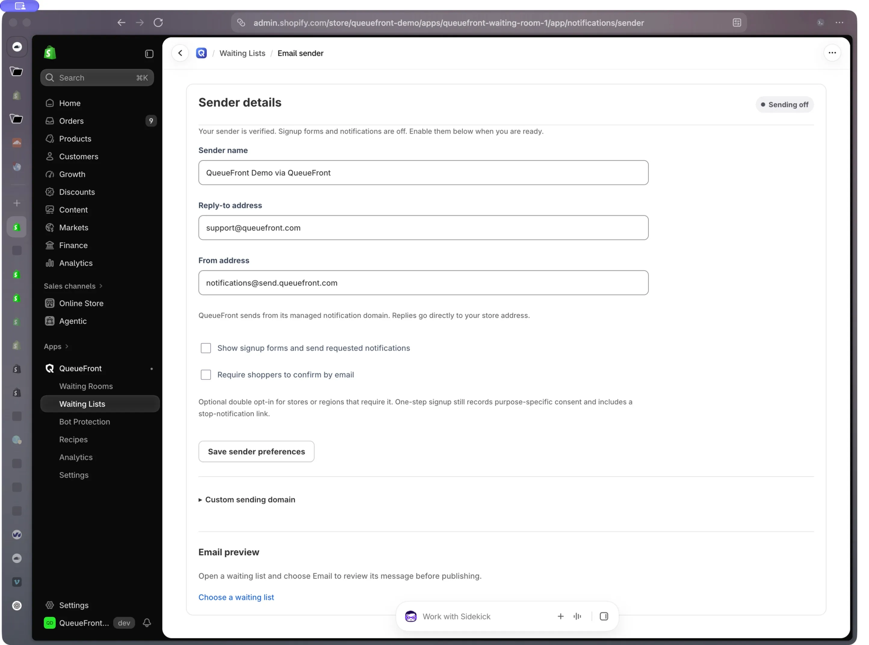 QueueFront demo Email sender page with Sender name, Reply-to address, read-only From address, sending and confirmation checkboxes, and Save sender preferences.