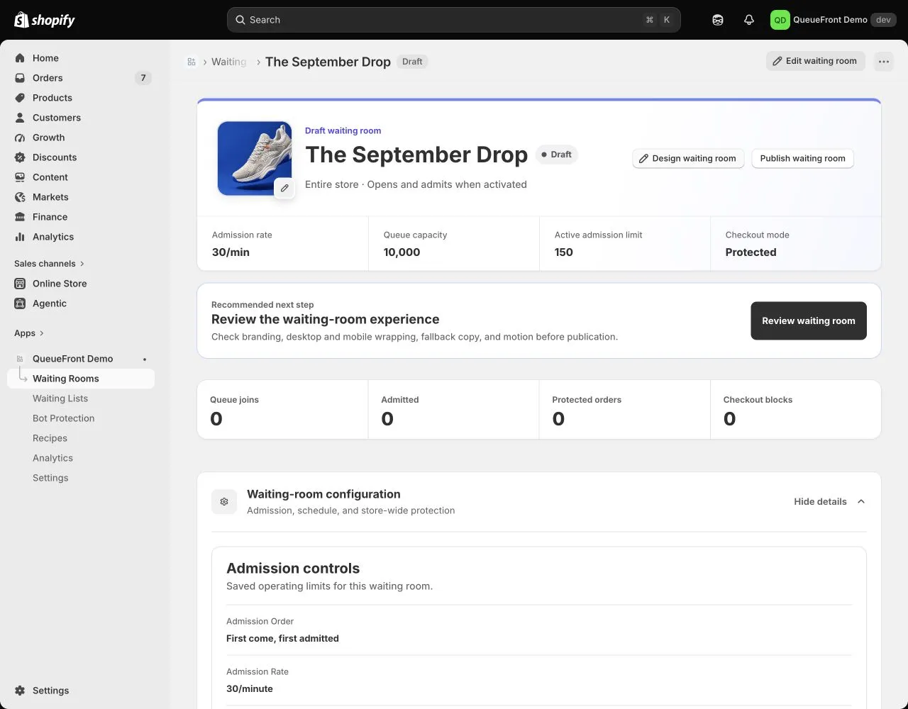 QueueFront demo room overview with Draft status, admission limits, design and publication controls, and saved configuration.