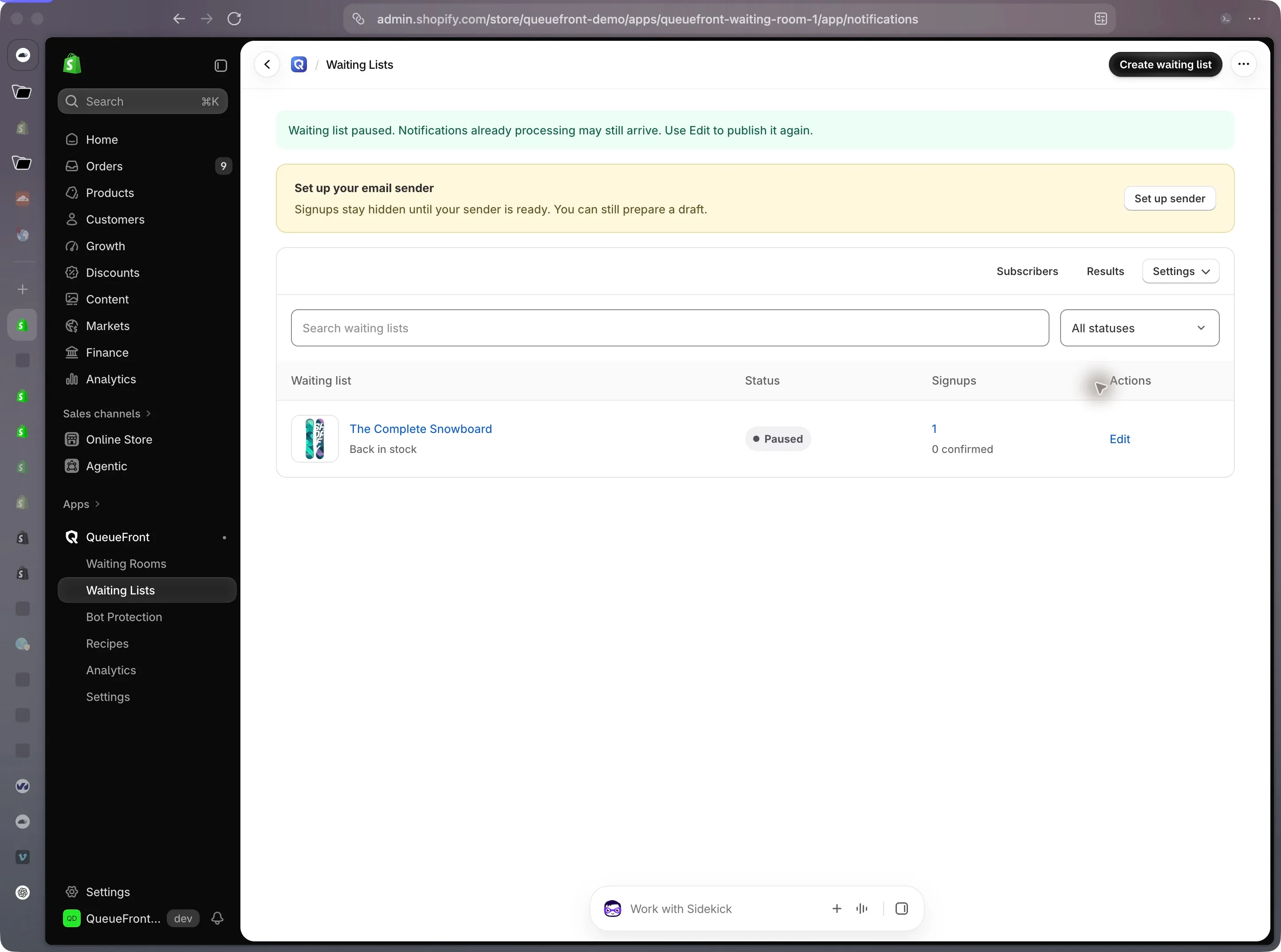 QueueFront Waiting Lists page showing a paused demo product list, search and status filters, subscriber count, Edit action, and a pause confirmation.